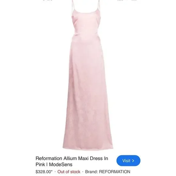 Reformation Satin Allium Maxi Dress Scoop Neck Open Back In Pink Size 10 NWT